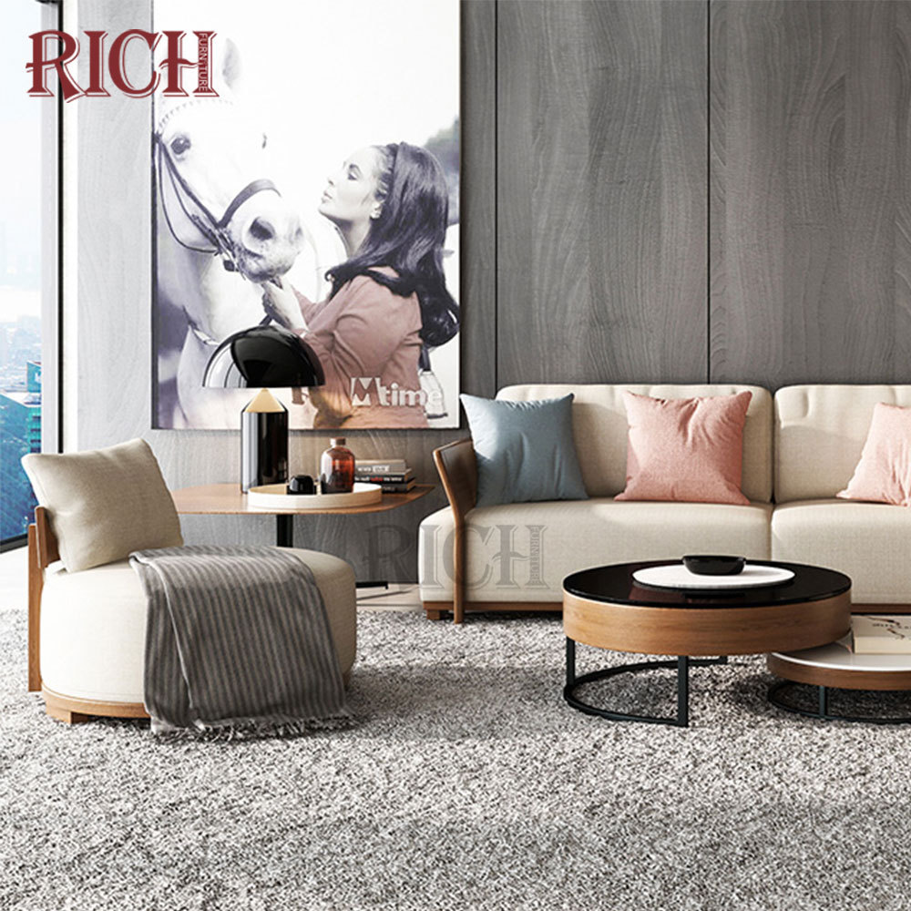 Nordic design wooden frame small round shape sofa chair modern linen fabric living room chair modern round lounge chair