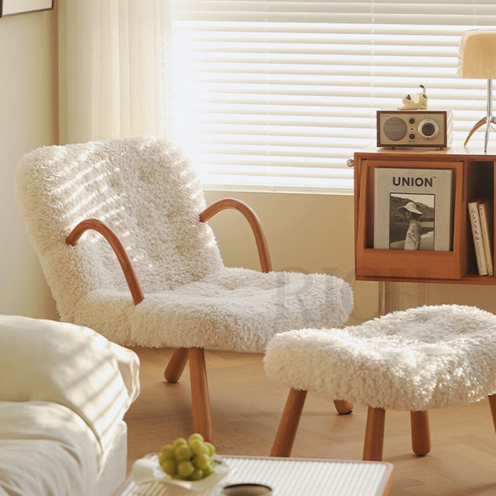 Scandinavian sheepskin sherpa reading chair lambskin soft teddy chair with stool cream wool boucle arm chair