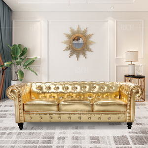 Luxury Gold PU Leather Chesterfield Sofa 3 Seats Button Tufted Chesterfield Sofa Bar Hotel Furniture Golden PU Sofa