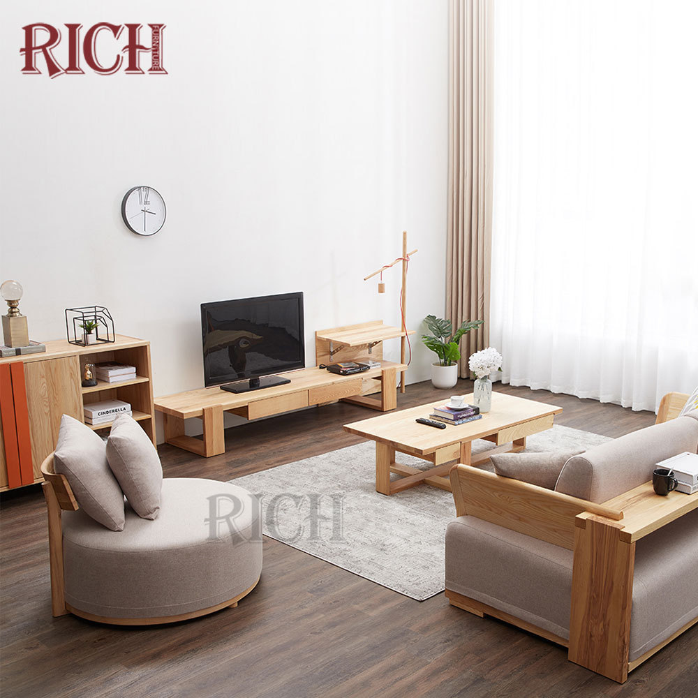 Nordic design wooden frame small round shape sofa chair modern linen fabric living room chair modern round lounge chair