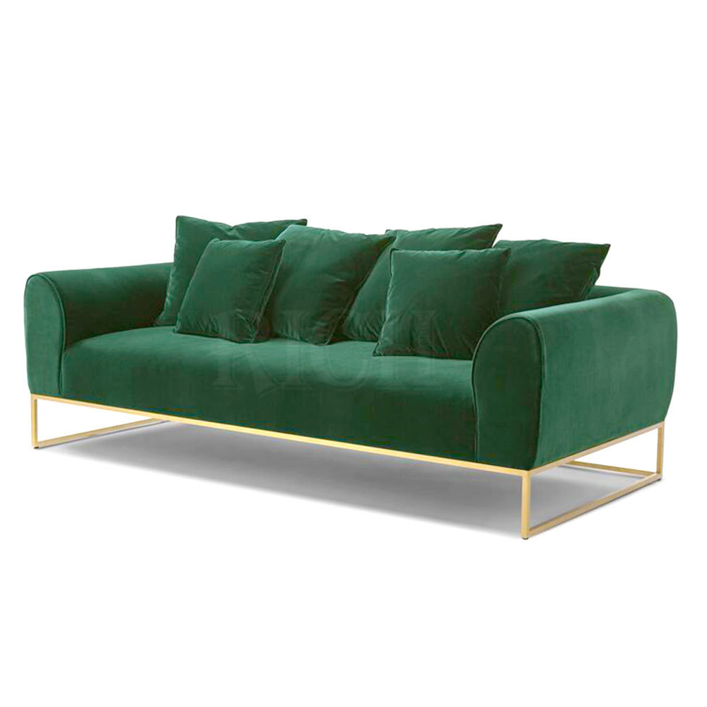 European Style Modern Golden Stainless Steel Legs Couch Sofa Beauty Salon Sofa Green Fabric Velvet Living Room Sofa