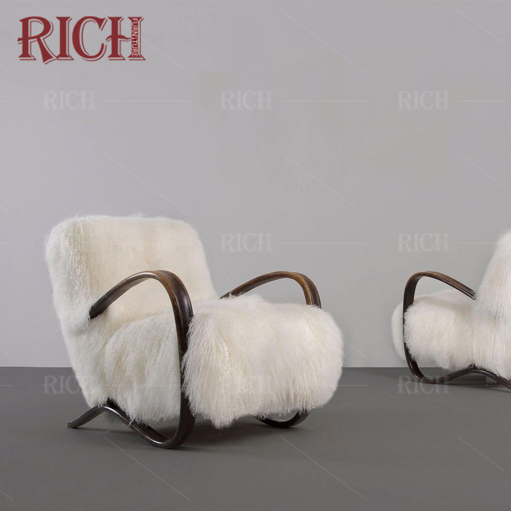 fluffy French lounge modern leisure chair with stainless steel frame fuzzy fur armchair faux wool white furry chair