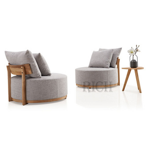 Nordic design wooden frame small round shape sofa chair modern linen fabric living room chair modern round lounge chair