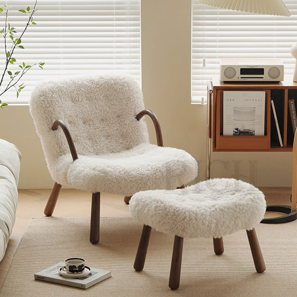 Scandinavian sheepskin sherpa reading chair lambskin soft teddy chair with stool cream wool boucle arm chair