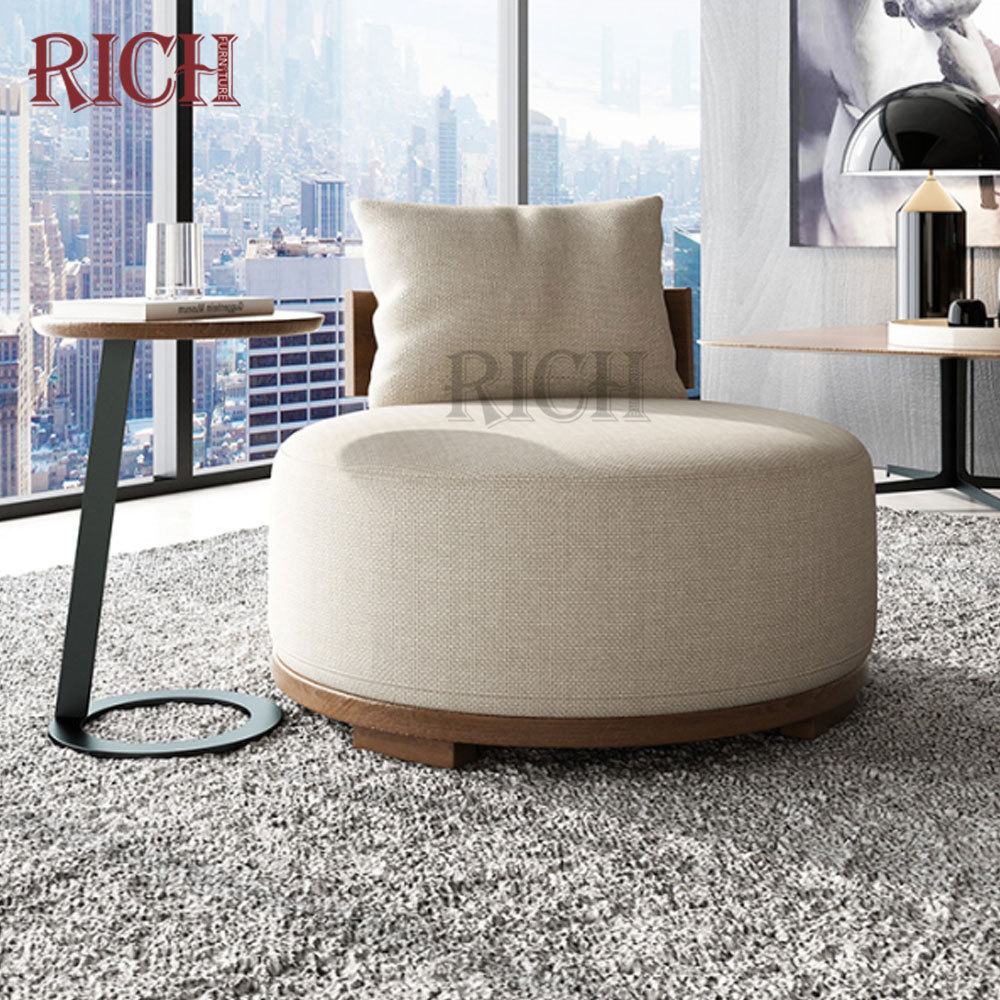 Nordic design wooden frame small round shape sofa chair modern linen fabric living room chair modern round lounge chair