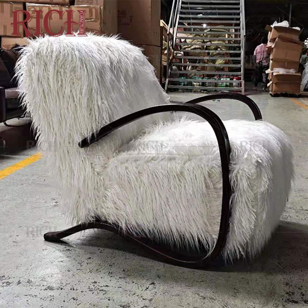 fluffy French lounge modern leisure chair with stainless steel frame fuzzy fur armchair faux wool white furry chair