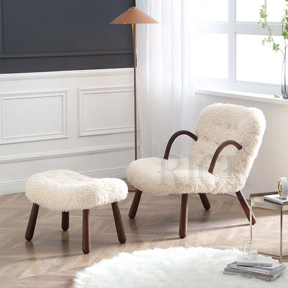 Scandinavian sheepskin sherpa reading chair lambskin soft teddy chair with stool cream wool boucle arm chair