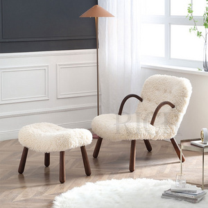 Scandinavian sheepskin sherpa reading chair lambskin soft teddy chair with stool cream wool boucle arm chair