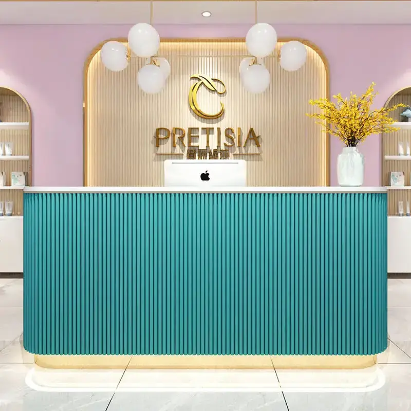 Light Pink  MDF office reception desk modern gold stainless steel bottom with LED light logo can be customized front desk