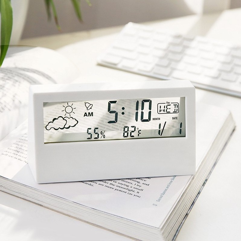 Ins Style Transparent Solid Color Hygrograph Weather Display LED Clock Desktop Children Students Electronic Alarm Clock