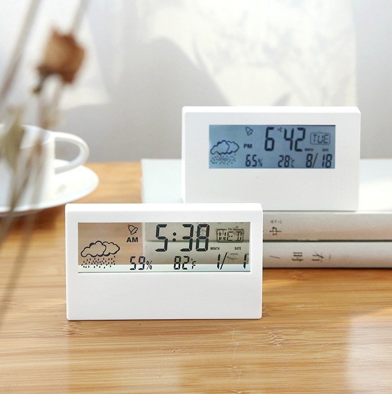 Ins Style Transparent Solid Color Hygrograph Weather Display LED Clock Desktop Children Students Electronic Alarm Clock