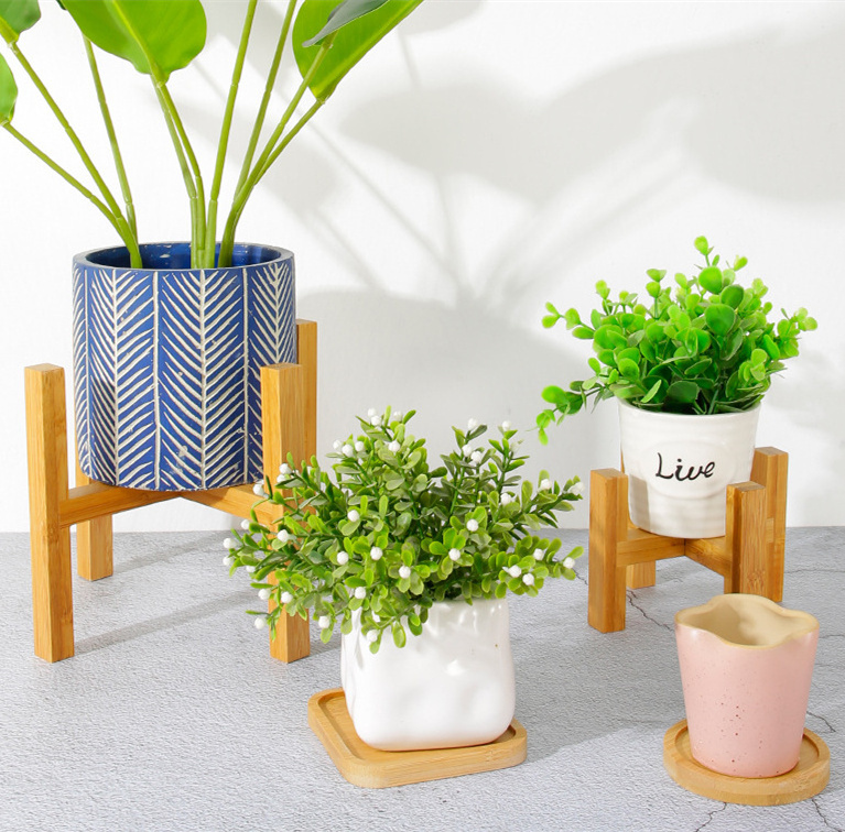 Floor Standing Four-Legged Flower Stand Bamboo Wooden Flowerpot Holder Succulent Plants Tenon Structure Display Rack