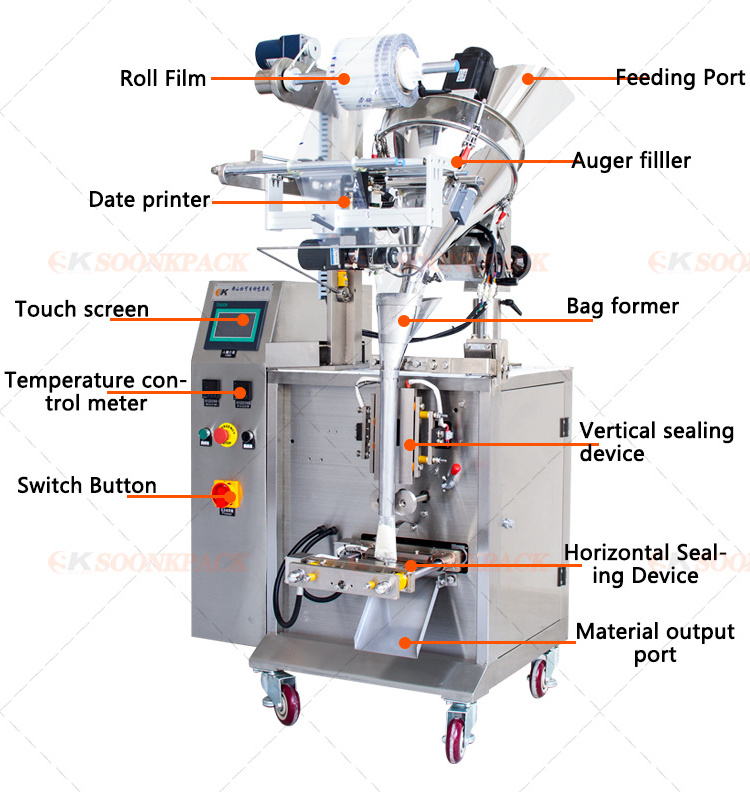 Vffs Dates Easy Setting Full Automatic  Rice Flour Soap Baking Soda Powder  Pouch Packing Machine