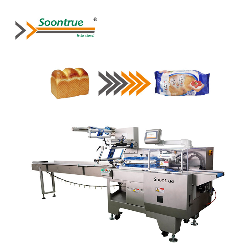 fully  automatic flat square toast bread flow pillow horizontal wrapping packing machine