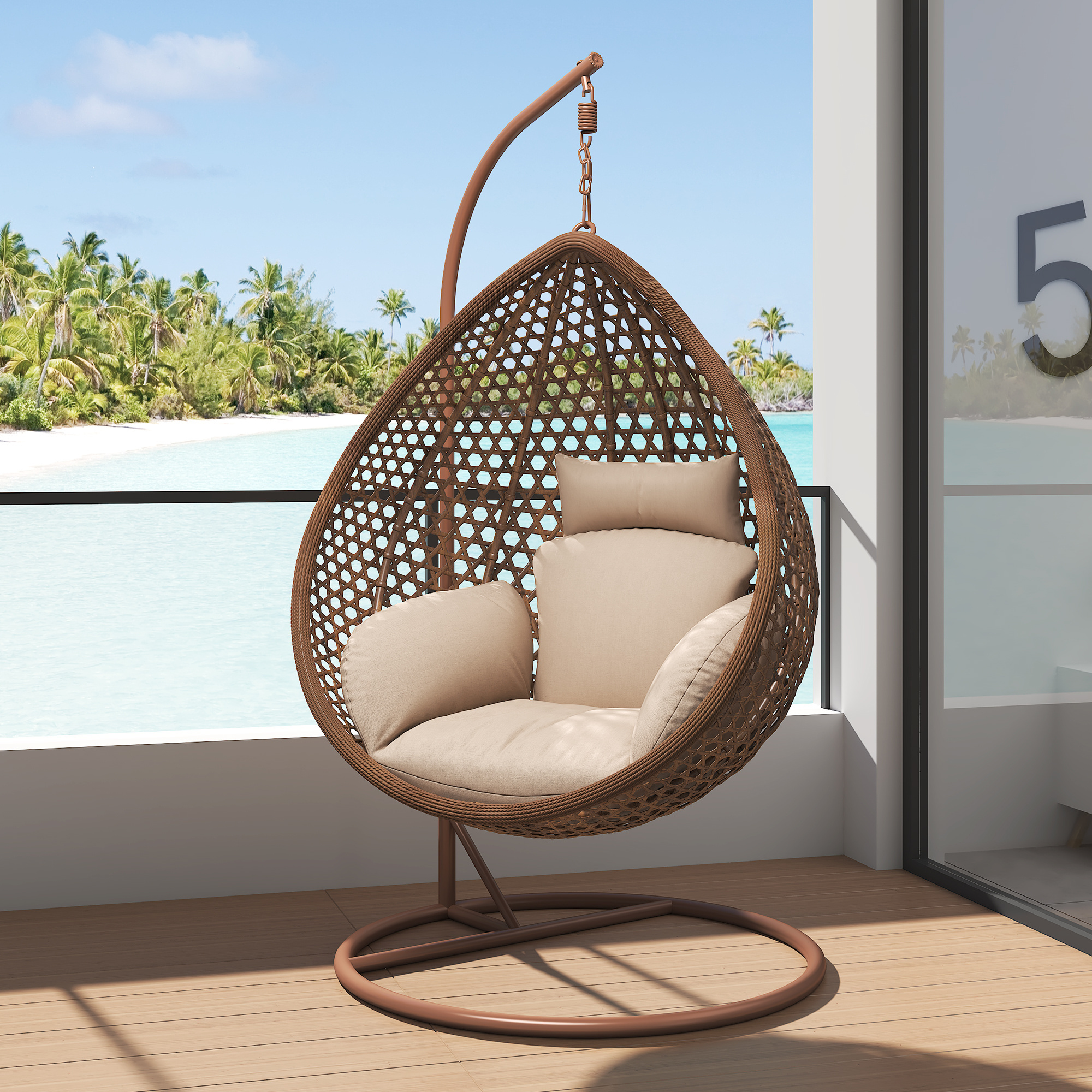 Fulin Wholesale Garden Furniture Outdoor  Swing Chair Egg Shaped Rattan Wicker Hanging Chair With Metal Stand