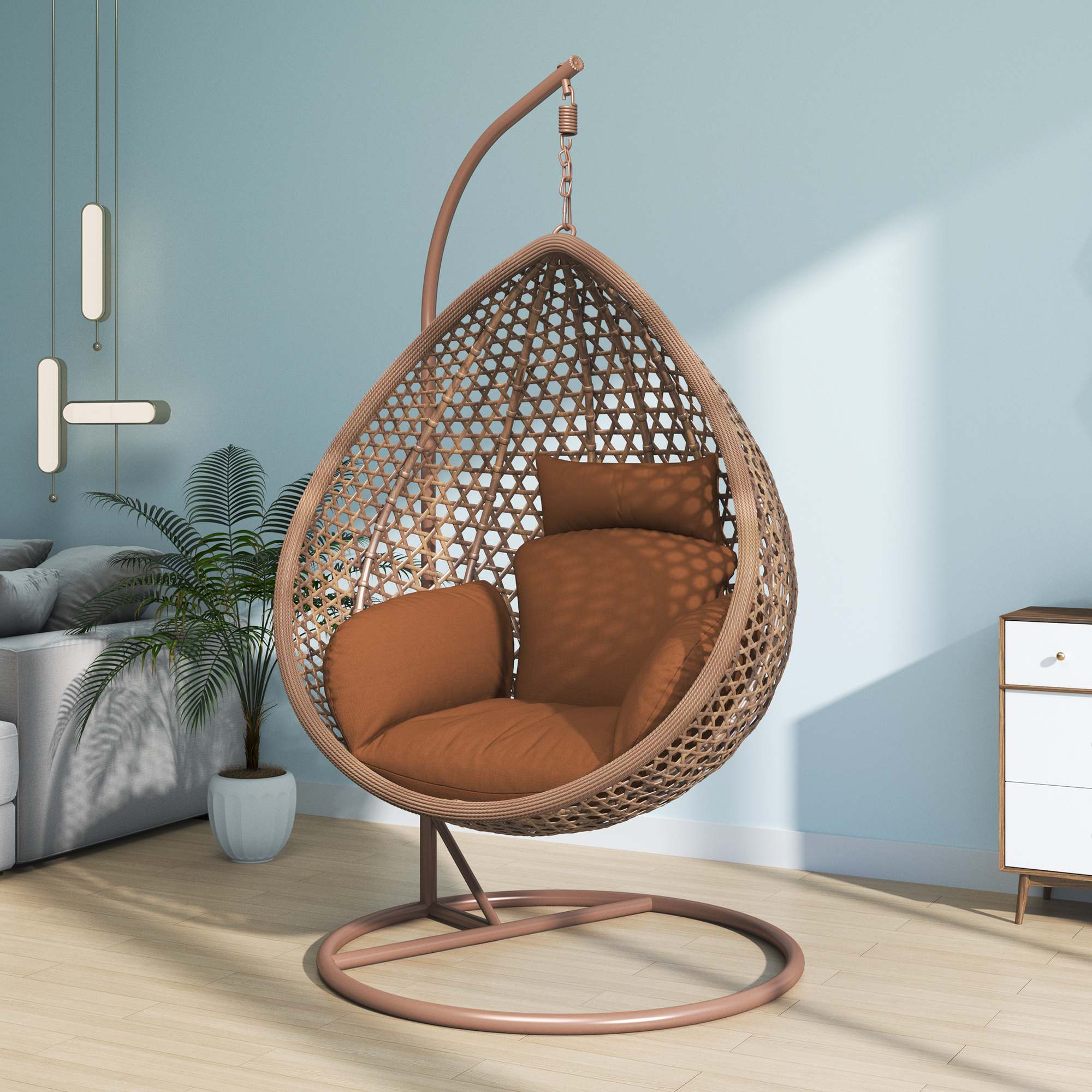 Fulin Wholesale Garden Furniture Outdoor  Swing Chair Egg Shaped Rattan Wicker Hanging Chair With Metal Stand