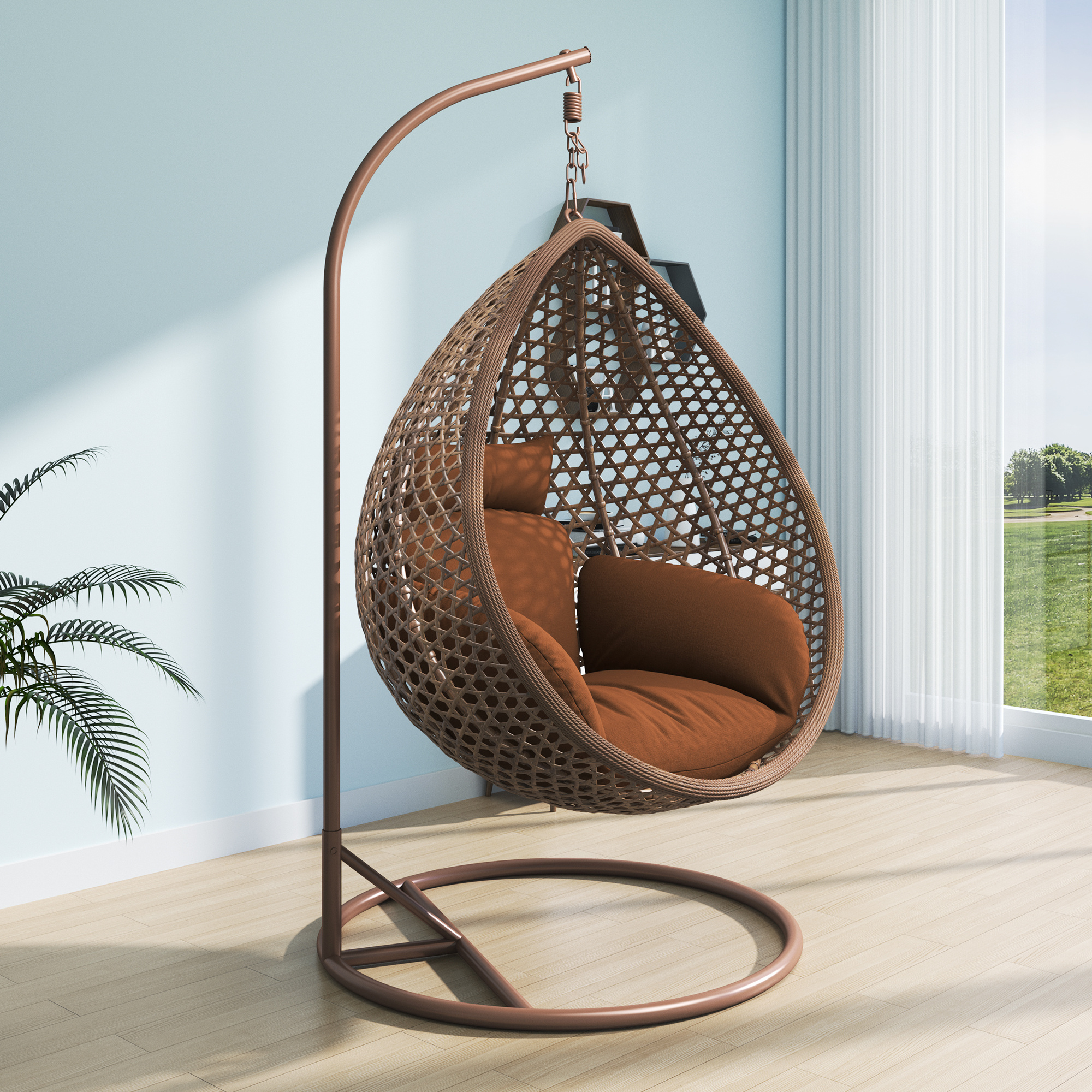 Fulin Wholesale Garden Furniture Outdoor  Swing Chair Egg Shaped Rattan Wicker Hanging Chair With Metal Stand