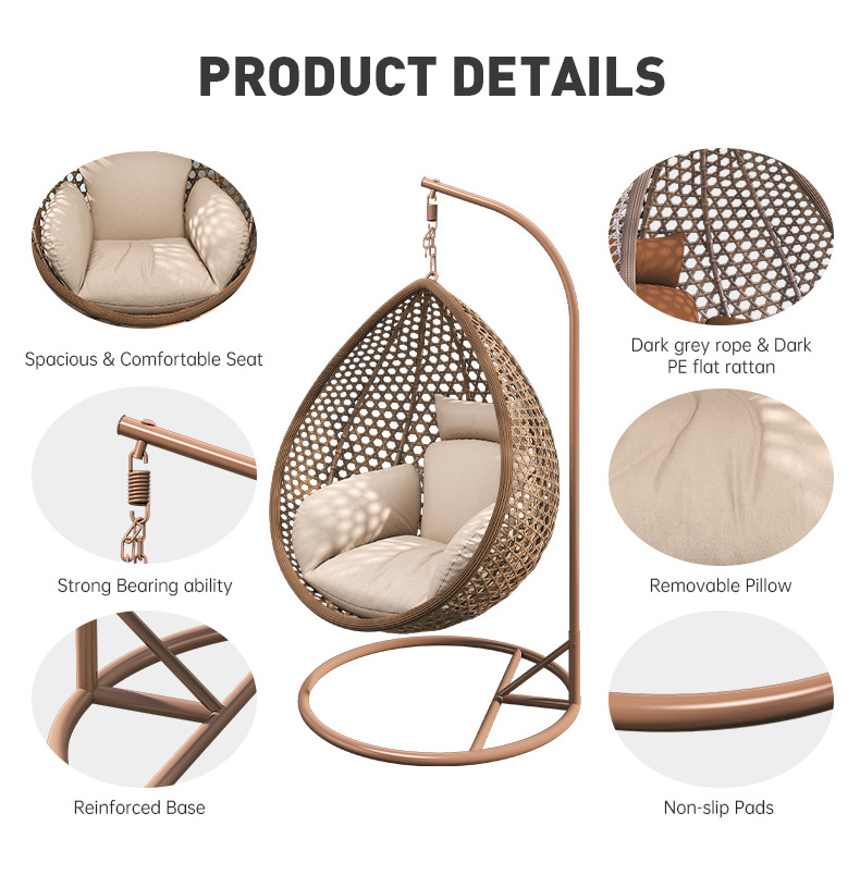 Fulin Wholesale Garden Furniture Outdoor  Swing Chair Egg Shaped Rattan Wicker Hanging Chair With Metal Stand