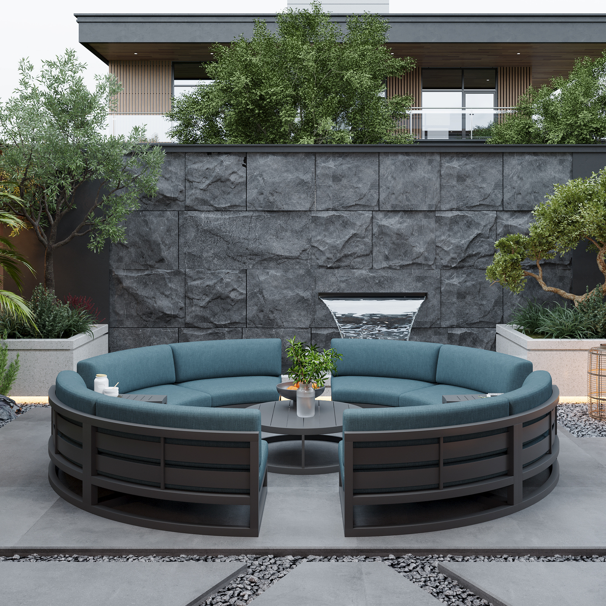 Fulin Garden Furniture Curved Lattice Aluminum Duick-dry Reticulated Cushions Sectional Modular Outdoor Sofa