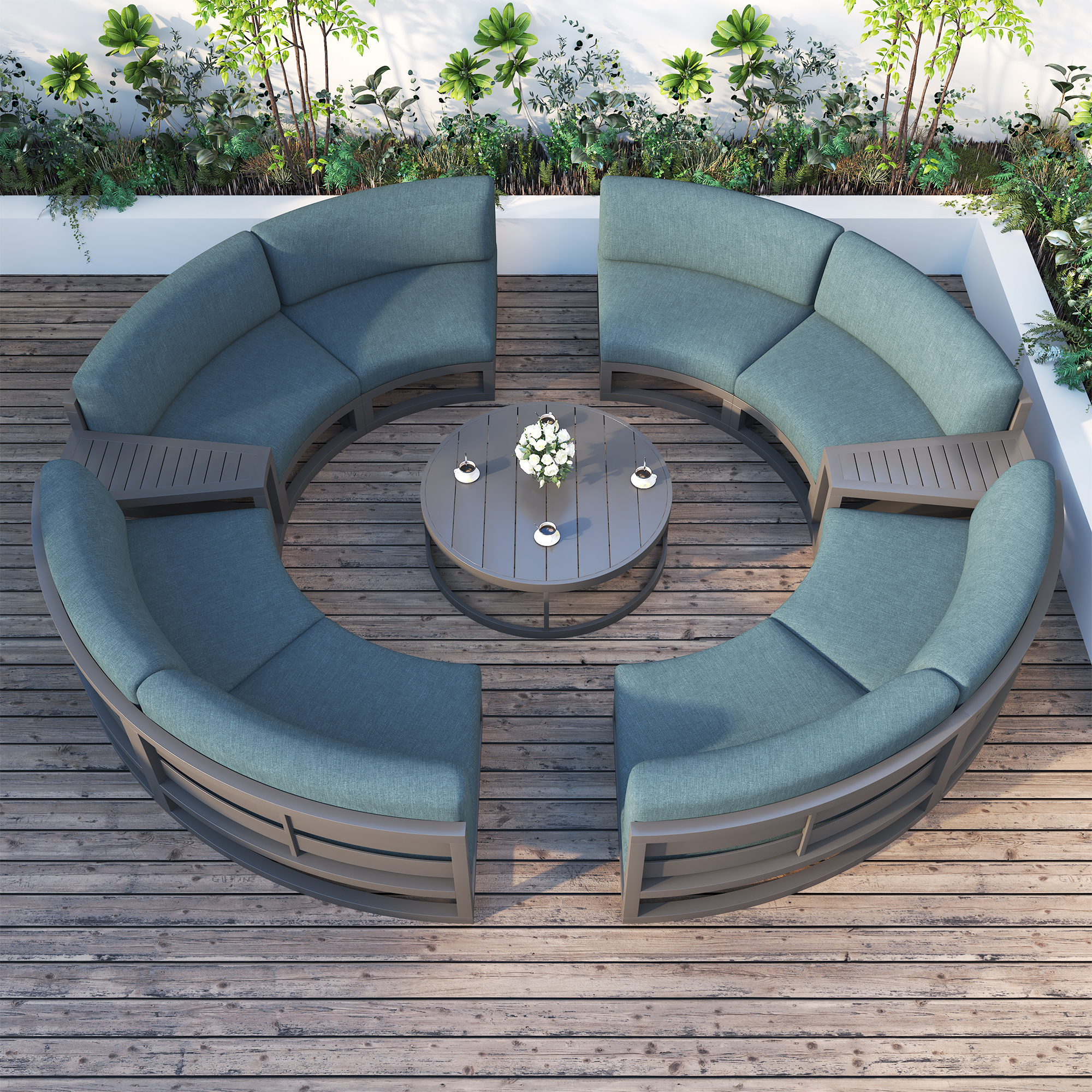 Fulin Garden Furniture Curved Lattice Aluminum Duick-dry Reticulated Cushions Sectional Modular Outdoor Sofa