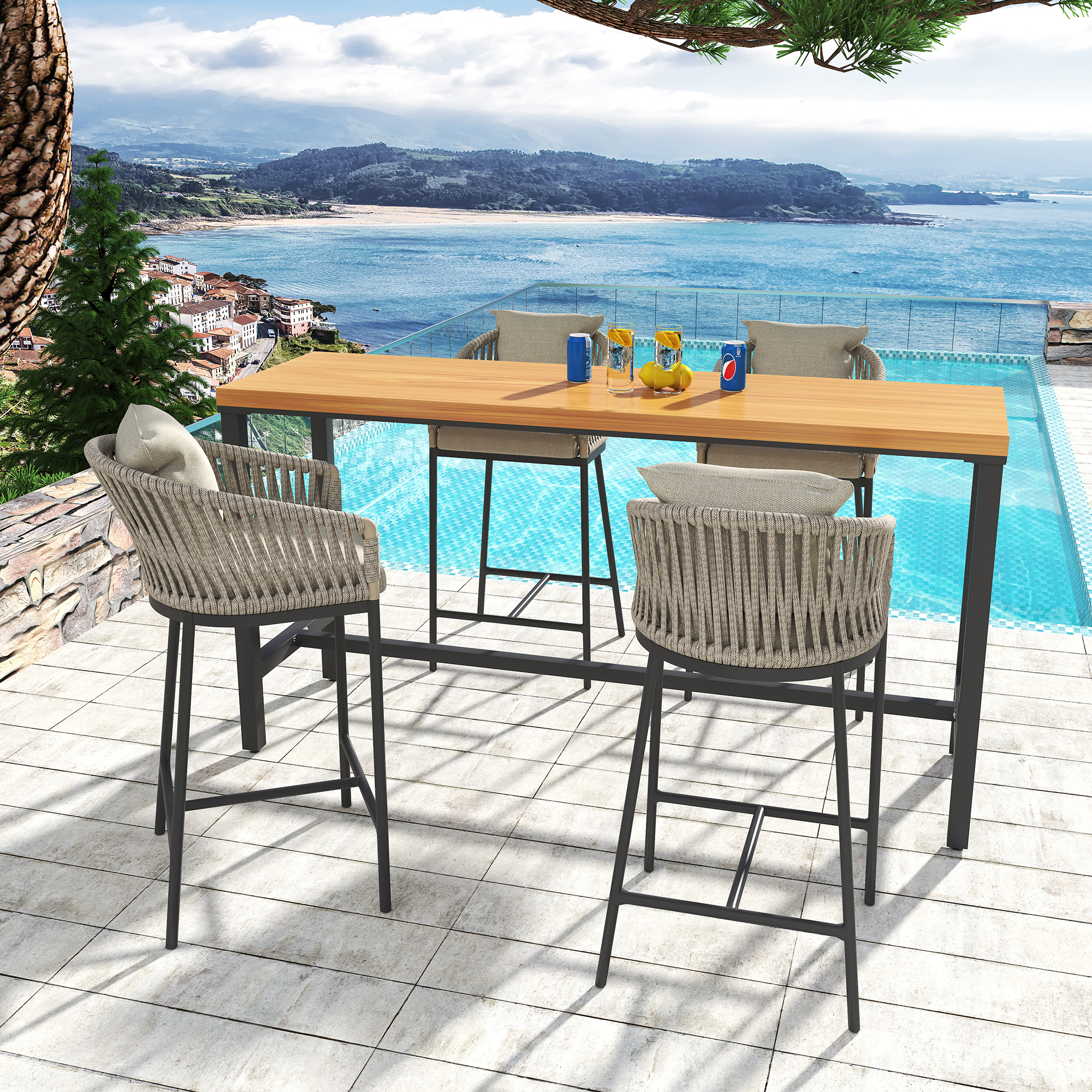 Fulin wholesale outdoor bar stools Black patio bar stools Stacked French bar stools aluminum rope chair