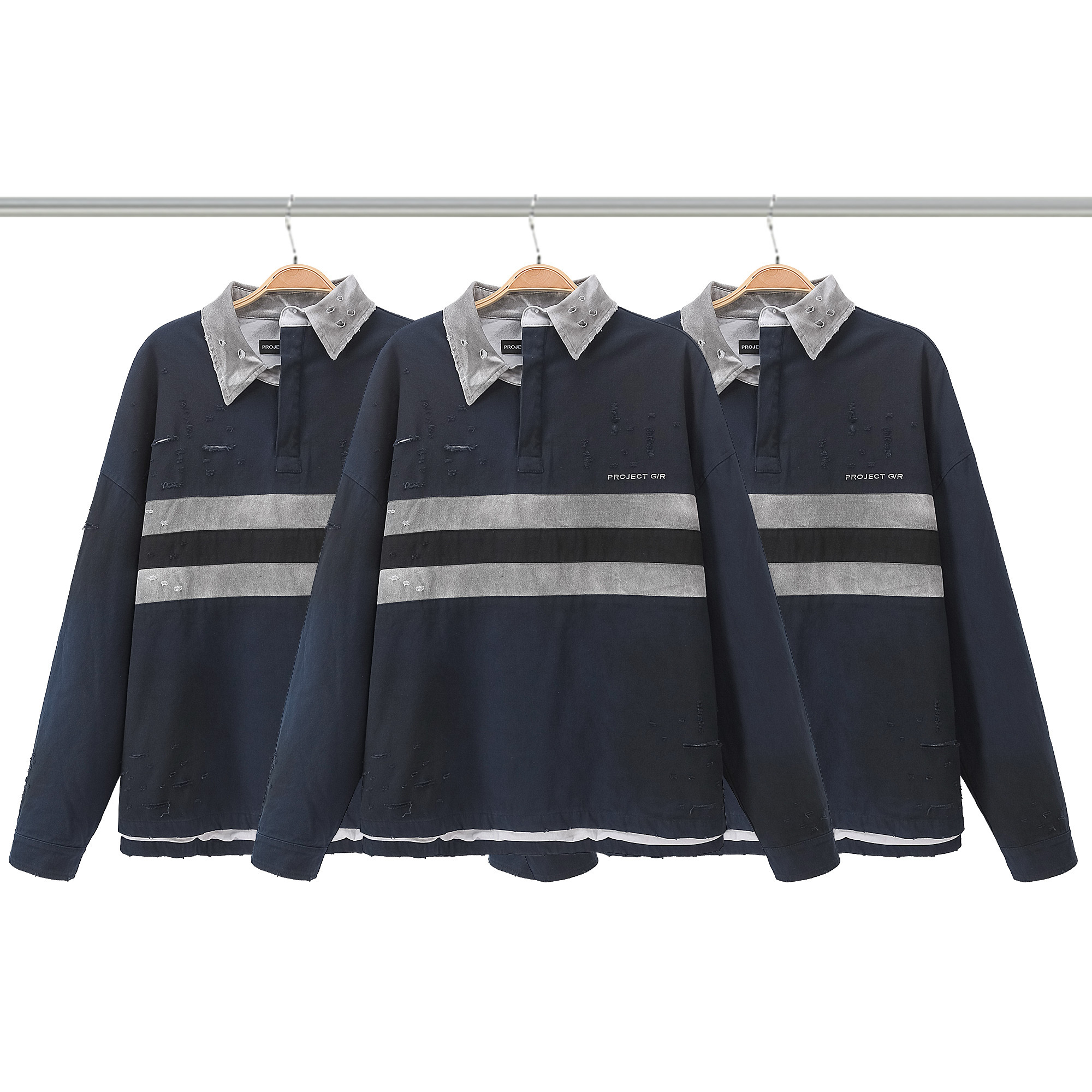 Grailz Project G/R Worn Out Wash Damaged Double Layer POLO Shirt Unisex Fashion Grailz Project G/R Worn Out Wash Damaged Double Layer POLO Shirt Unisex Fashion