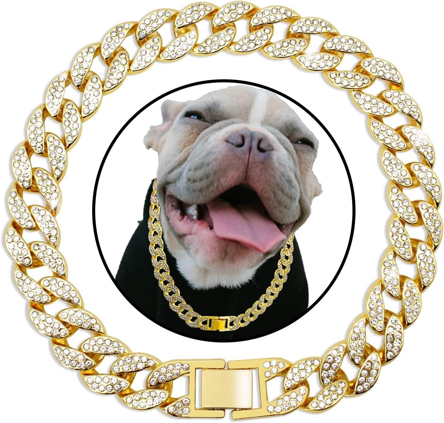 WT  pet gold chain dog collar gold stainless steel metal gold cuban link dog chain dog collar