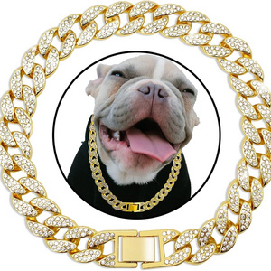 WT  pet gold chain dog collar gold stainless steel metal gold cuban link dog chain dog collar