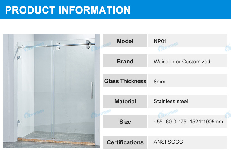 Weisdon Good Price Stainless Steel Single Sliding Shower Room Frameless Tempered Glass Shower Door