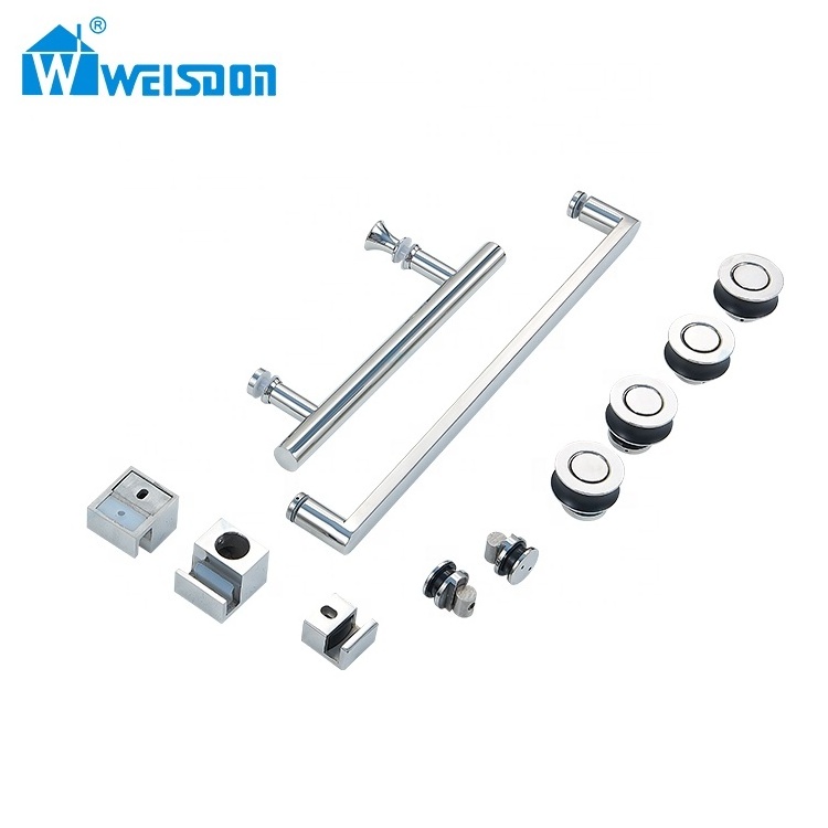 Good Quality Stainless Steel Screw Roller Handle Rail System Frameless Sliding Full Set Shower Door Hardware Kit Without Glass