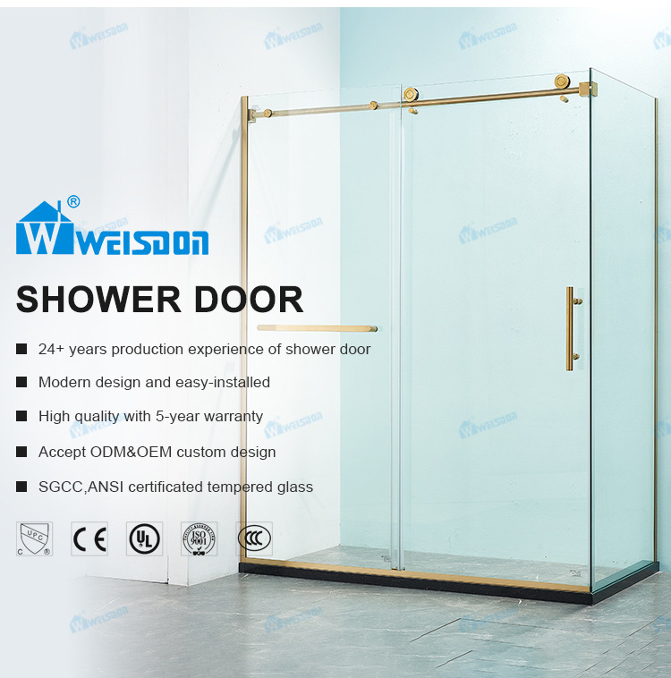 Weisdon Gold Frameless Shower Door Stainless Steel Rectangle Tempered Glass Shower Enclosure