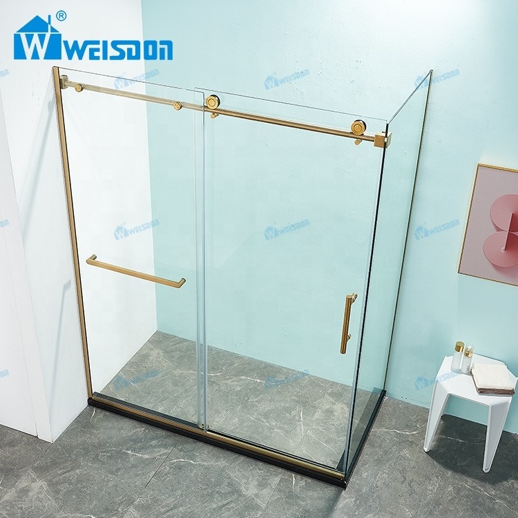 Weisdon Gold Frameless Shower Door Stainless Steel Rectangle Tempered Glass Shower Enclosure