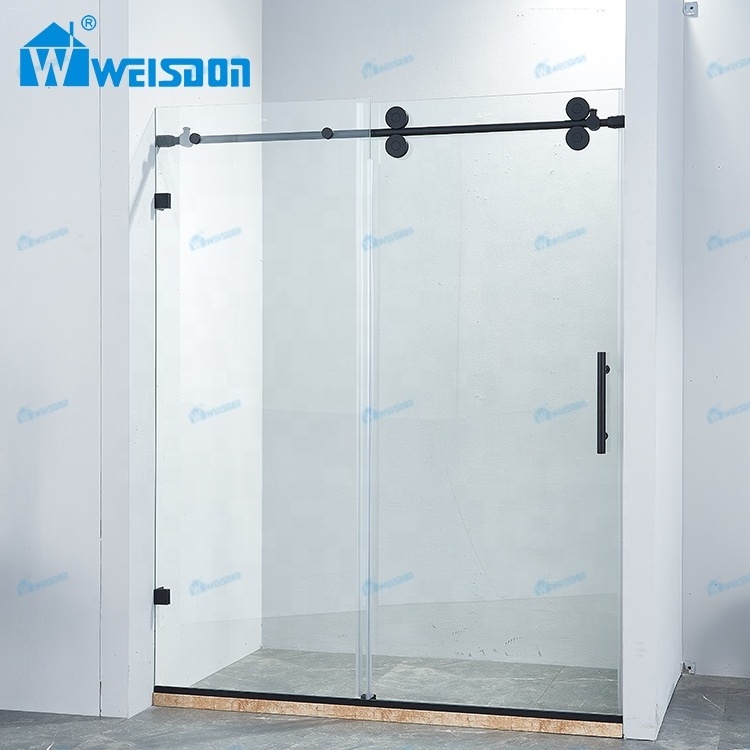 Weisdon Factory Direct Stainless Steel Matte Black Shower Room Sliding Frameless Tempered Glass Shower Door