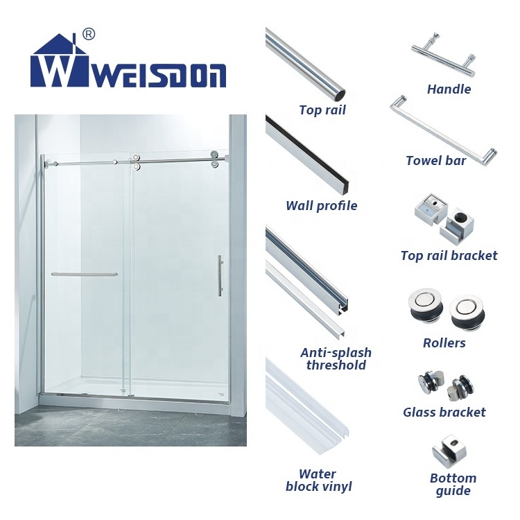 Good Quality Stainless Steel Screw Roller Handle Rail System Frameless Sliding Full Set Shower Door Hardware Kit Without Glass