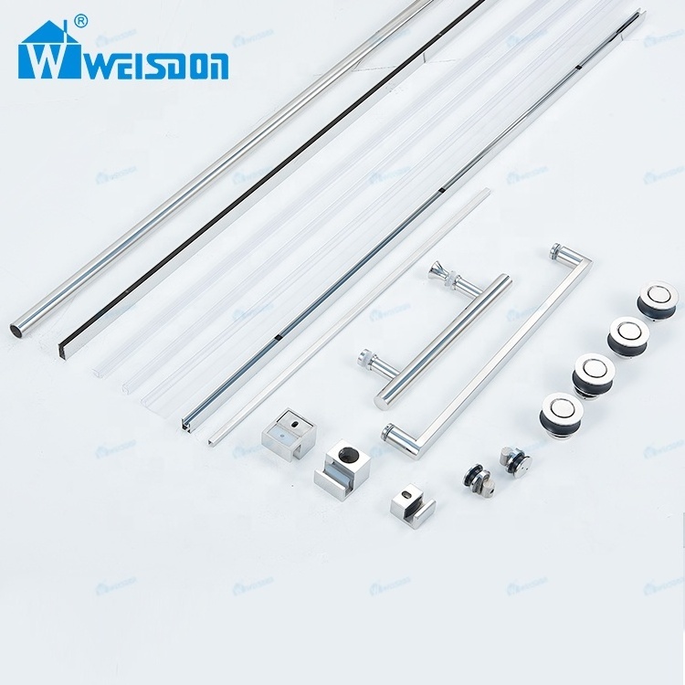 Good Quality Stainless Steel Screw Roller Handle Rail System Frameless Sliding Full Set Shower Door Hardware Kit Without Glass