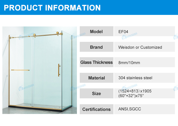 Weisdon Gold Frameless Shower Door Stainless Steel Rectangle Tempered Glass Shower Enclosure