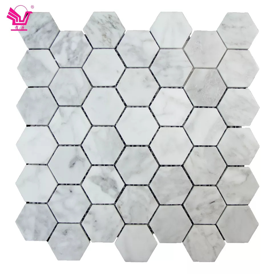 Mosaic tile Natural stone marble hexagon size design back splash wall 3D waterjet kitchen  swimming pool tile