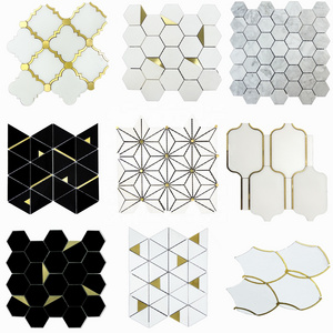 Foshan new design hexagonal honeycomb Brass inlay tiles white marble with brush gold stainless steel mosaic tile