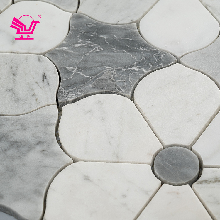 High Quality Stone Mosaic Wall Backsplash Grey Mixed with White Flower Pattern Mosaic