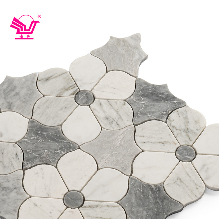 High Quality Stone Mosaic Wall Backsplash Grey Mixed with White Flower Pattern Mosaic