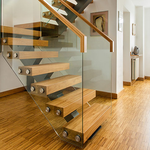 Mono staircase America oak /beech/walnut wood tread powder coating steel mono stringer straight stairs