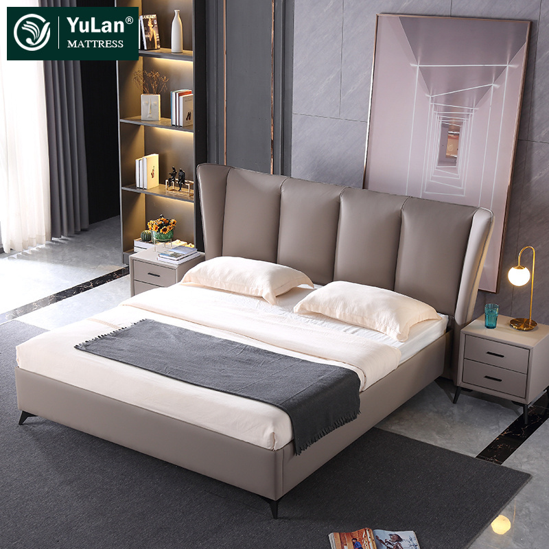 Foshan wholesale modern luxury bedroom furniture king size solid wood genuine leather bed