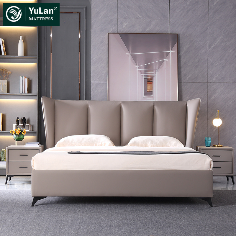 Foshan wholesale modern luxury bedroom furniture king size solid wood genuine leather bed