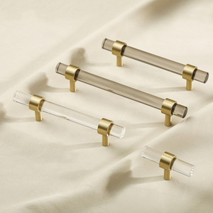 Minimalist Brass Acrylic Long Handles Gold Transparent Drawer Knob Wardrobe Furniture Door Knob