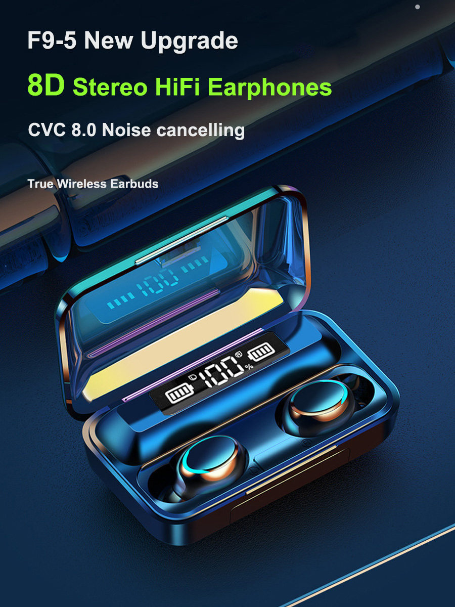 Factory Wholesale Tws F9-5 Earphones 9d Hifi Stereo Waterproof Led Display Wireless Earbuds F9-5c  In Ear Headphones