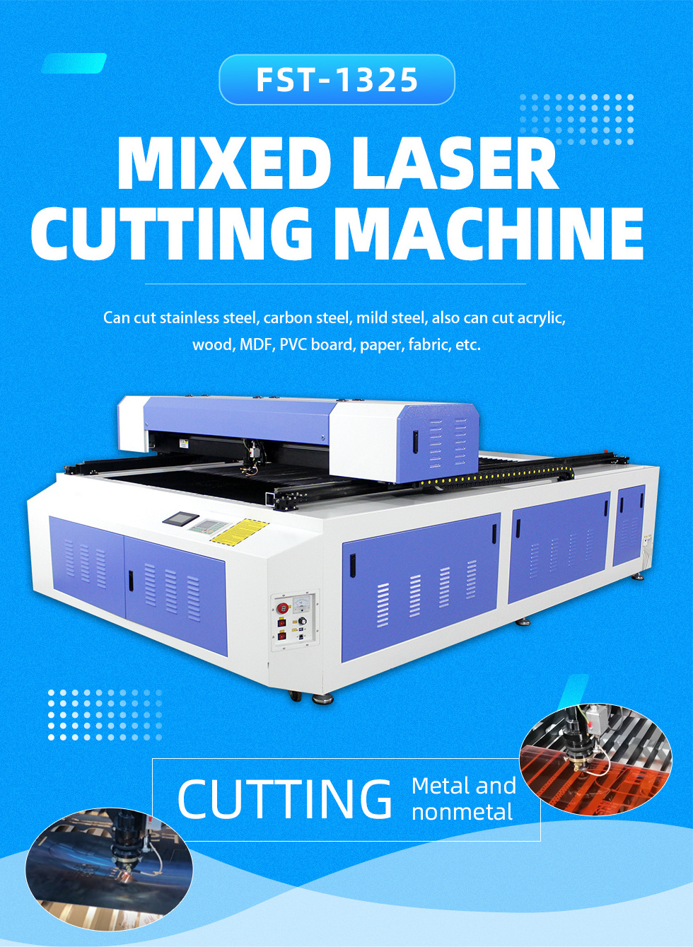 Foster co2 laser cutting machine mixed laser 1.3*2.5 m working area MDF acrylic wood Stainless Steel Laser Cutting Machine 300w