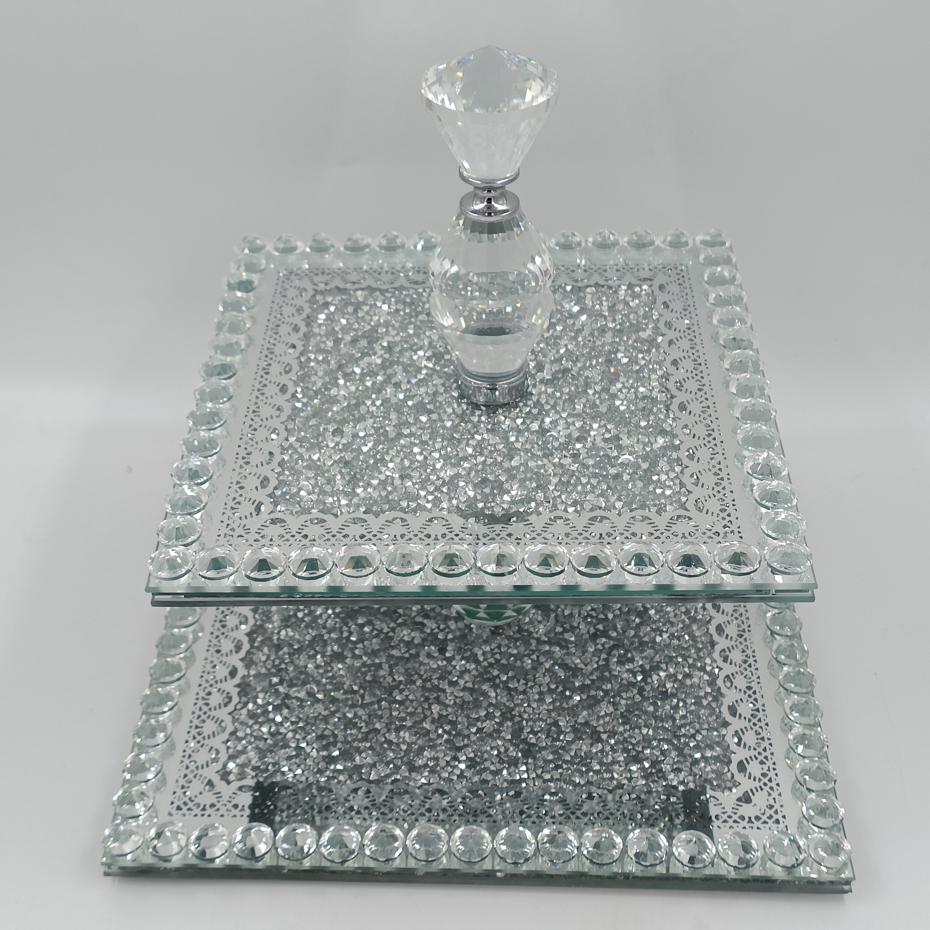 FOSUN factory price square glass rolling tray diamond fill two layers glass plate for dry fruit tray for wedding centerpieces