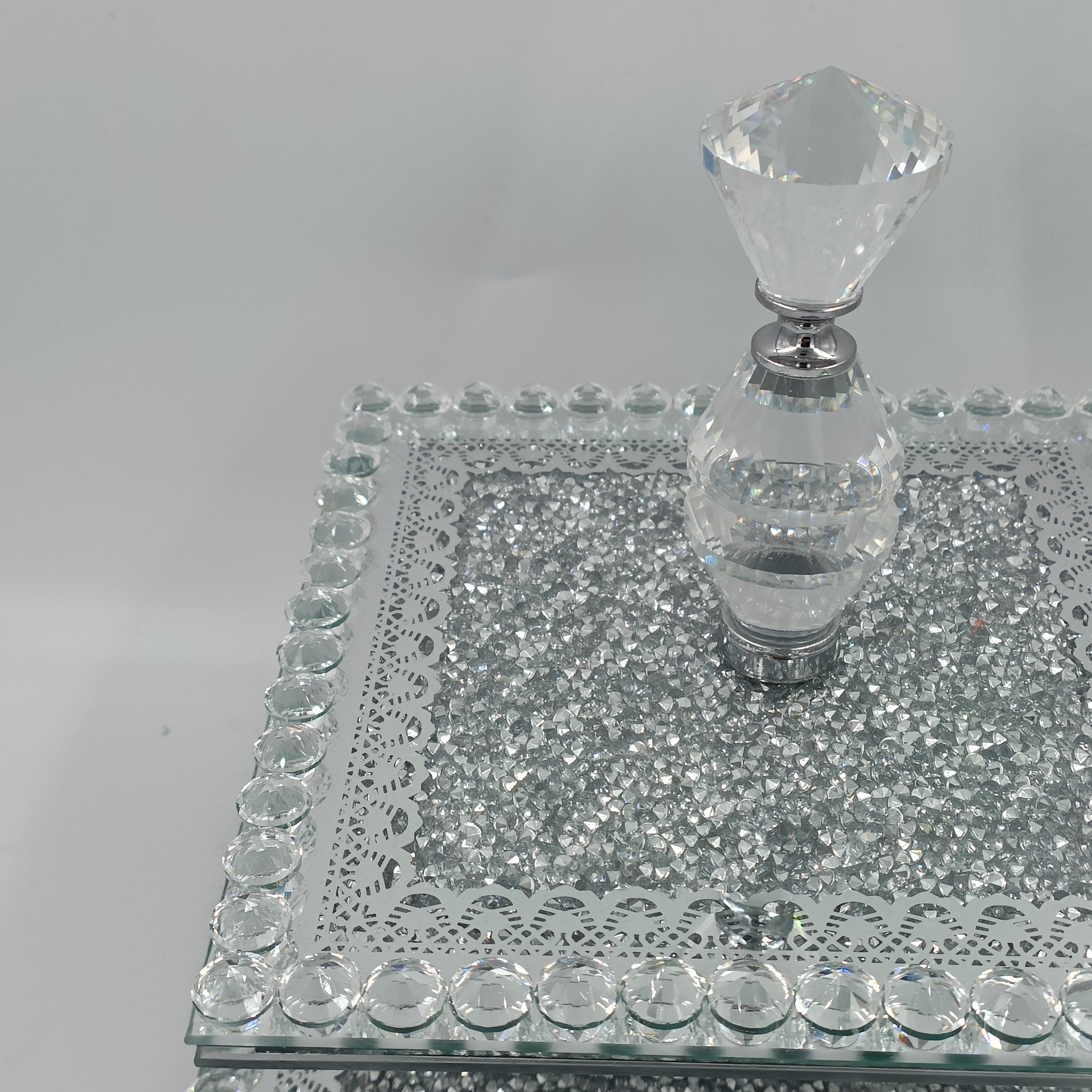 FOSUN factory price square glass rolling tray diamond fill two layers glass plate for dry fruit tray for wedding centerpieces