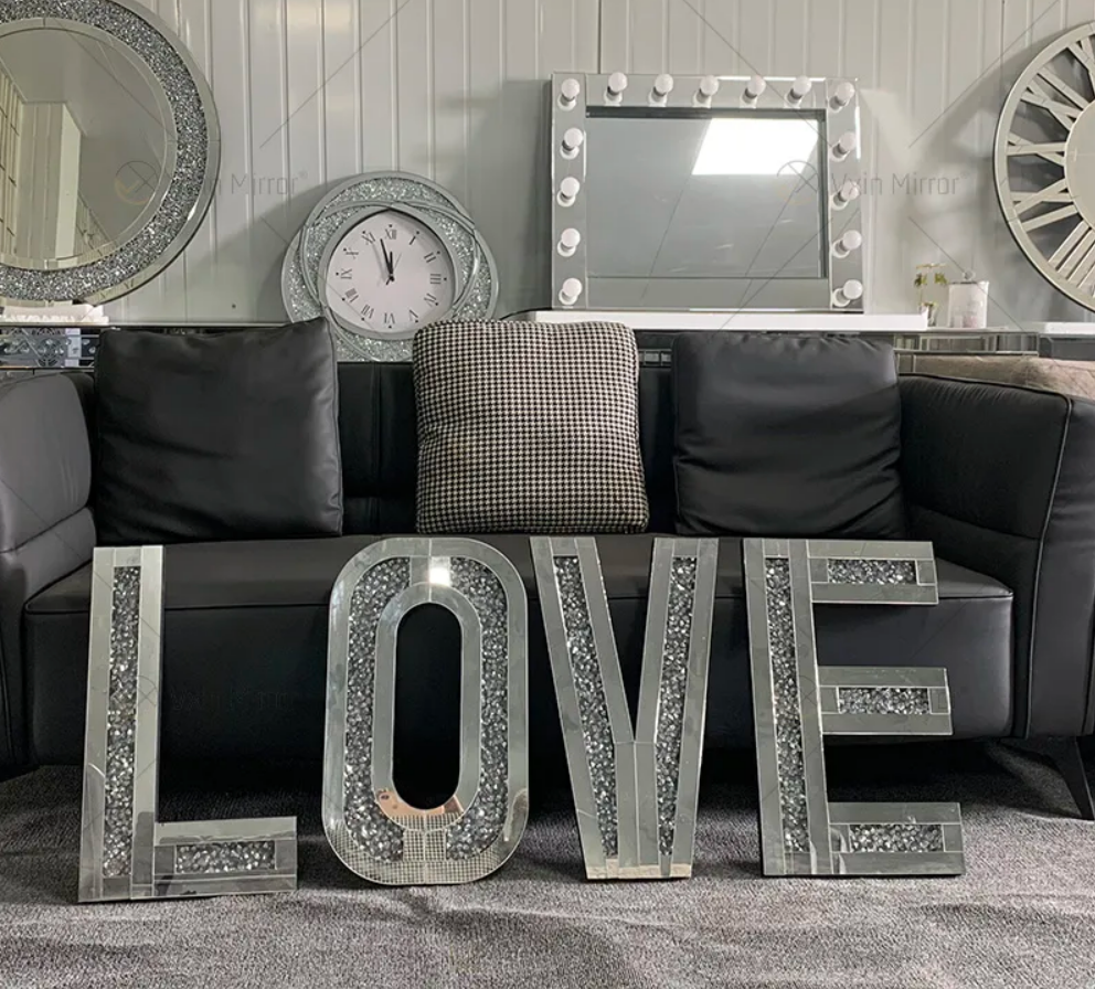 FOSUN Mirrored Home Family Love Letters Living Room Wall Decor 20in Big Size Crushed Diamond Mirror Set Sparkly Home Decor