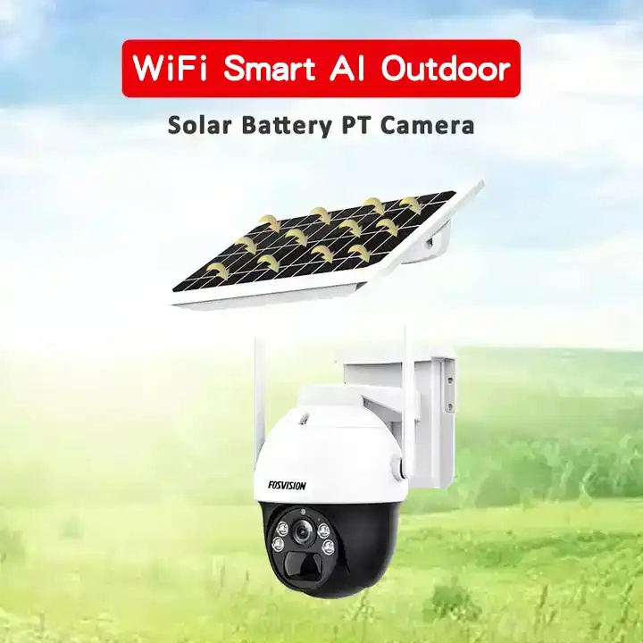 fosvision WiFi Smart Ai Outdoor Solar Battery PT Camera Kit CCTV Camera 4mp 2ch WIFI Security System Video Surveillance Kit